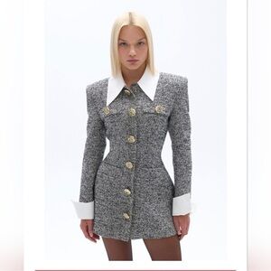 Chic Gray Tweed Blazer Dress with White Details